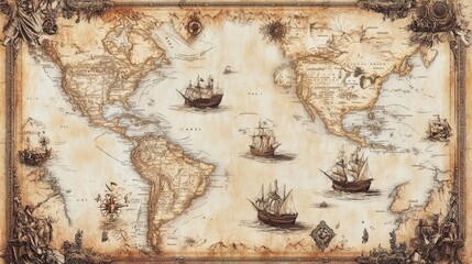 Vintage fantasy map of the Caribbean featuring islands and ships