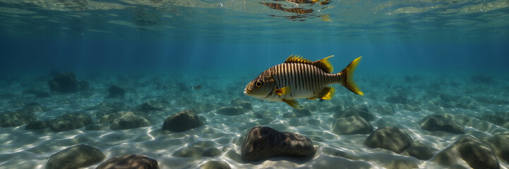 Fototapeta premium Close up view of a fish, panorama, underwater banner with copy space