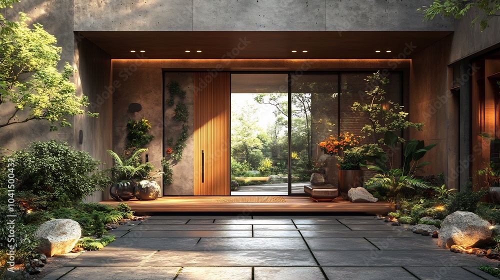 Poster beautifully designed front door with a large window and unique hardware positioned in an inviting en