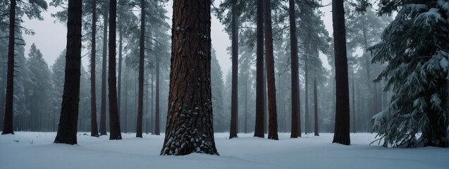 Snowy pine trees in a frosty forest, panorama, banner with copy space for text