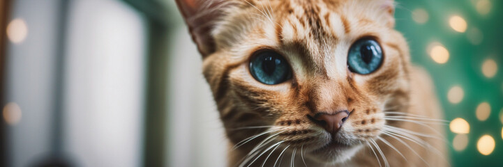 Surprised orange tabby cat stares with big blue eyes in bright room setting
