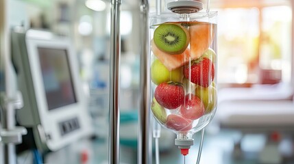 Close-up of a transparent IV drip bag filled with fruit-infused vitamin therapy solution, with fresh fruits visible inside, symbolizing wellness.