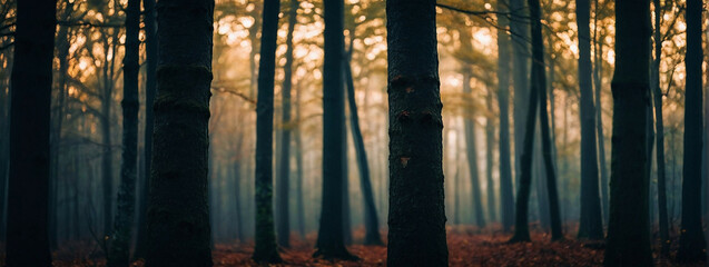Mysterious dark forest with towering trees and soft golden light at dusk