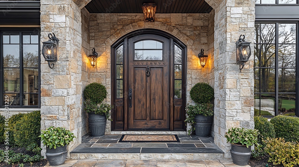 Aufkleber beautifully designed front door with a large window and unique hardware positioned in an inviting en