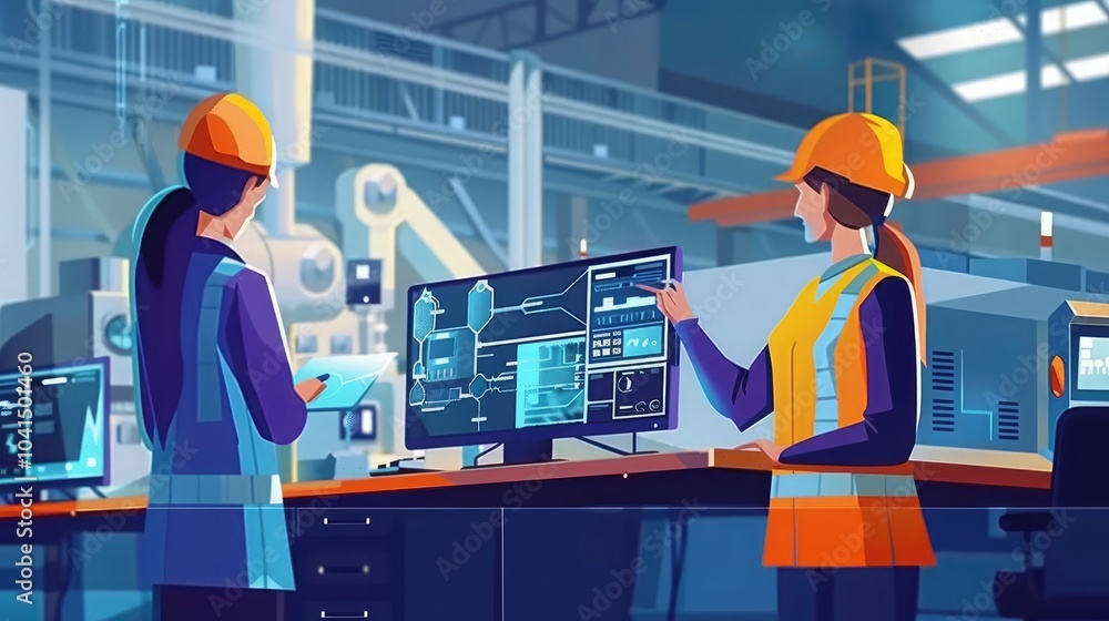 Poster industry 4.0 modern factory: project engineer talks to female operator who controls facility product