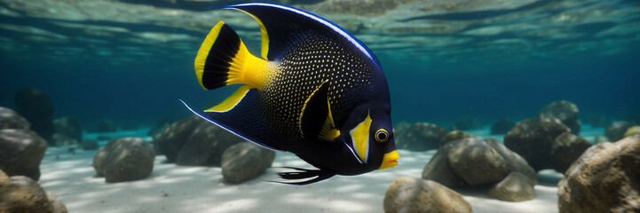 angelfish in clear water, panorama, underwater web banner with copy space