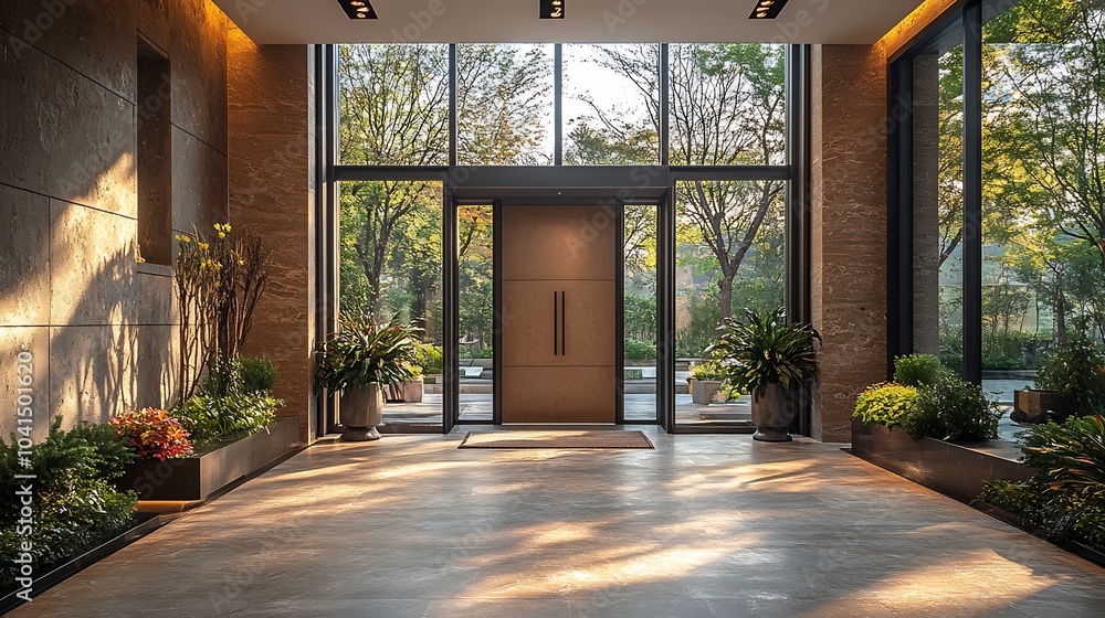 Poster beautifully designed front door with a large window and unique hardware positioned in an inviting en
