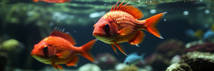 Two goldfish swim in an aquarium