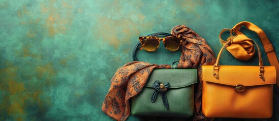 A green and orange leather purses, sunglasses, and scarf on a teal background.