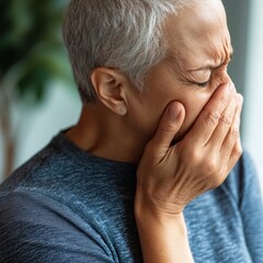 Fototapeta premium Grieving elderly woman with short grey hair expresses deep sorrow while covering her face.
