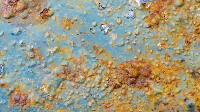 rusting old metal plate painted with blue paint