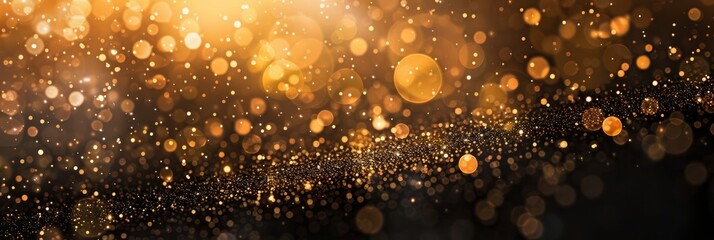 Abstract image of glowing golden bokeh lights and shimmering particles scattered across a dark background, creating a warm, festive, and luxurious atmosphere