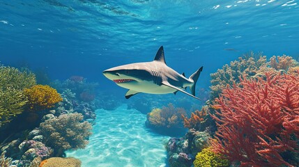 Fototapeta premium Shark Swimming Over Coral Reef