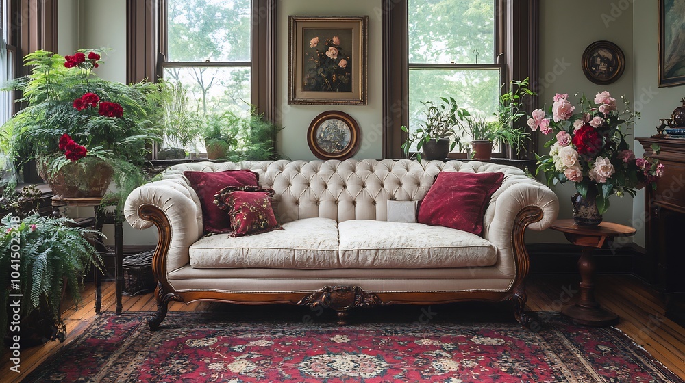 Poster beautifully preserved victorian sitting room with vintage decorative wallpaper displaying small repe