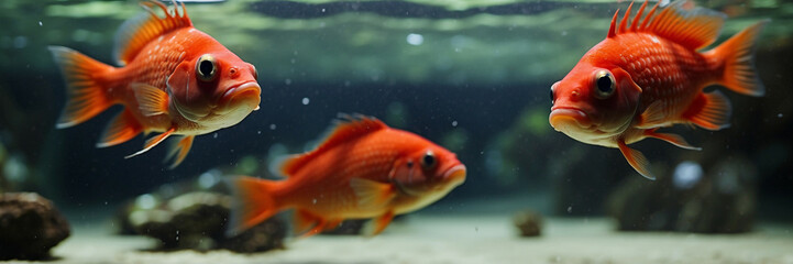 Three goldfish swim in an aquarium