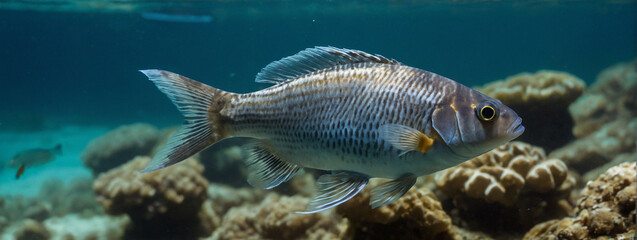 A fish swims in clear waters near coral formations, panorama, banner with copy space for text