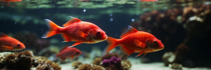 Red goldfish swim in an aquarium
