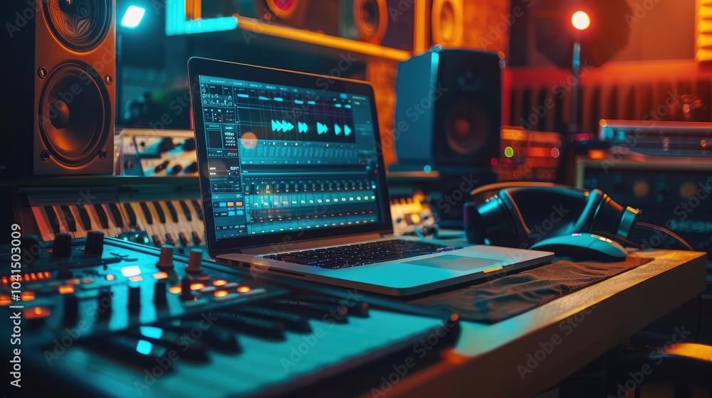 Aufkleber modern music record studio control desk with laptop screen showing user interface of digital audio w