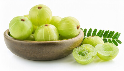 Closeup Indian gooseberry fruits ( phyllanthus emblica, amla ) in rattan basket and slice with green leaf isolated on white background. Top view. Flat lay.
