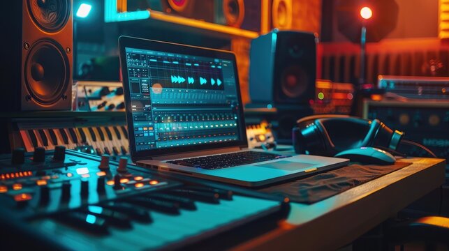 Modern Music Record Studio Control Desk with Laptop Screen Showing User Interface of Digital Audio Workstation Software. Equalizer, Mixer and Professional Equipment. Faders, Sliders. Record. Close-up