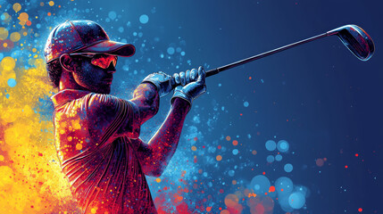 Pop Art Style Vector Illustration of Golf Player with Bat in Retro Colors