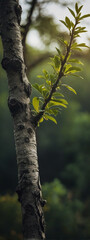 Fototapeta premium a tree branch with small green leaves against a blurry background