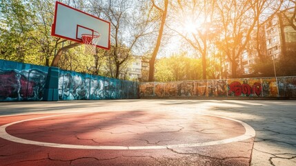 Bright Basketball Court with Urban Background