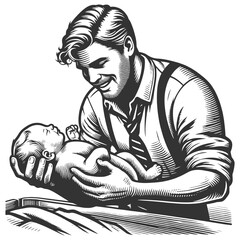 smiling father in a suit cradling his newborn baby, representing paternal love, care, and family bond sketch engraving generative ai vector illustration. Scratch board imitation. Black and white image