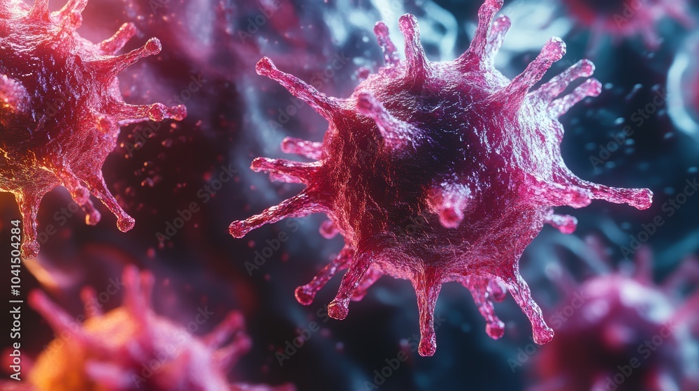 Poster close-up of colorful virus cells, showing intricate details and textures under a microscope.