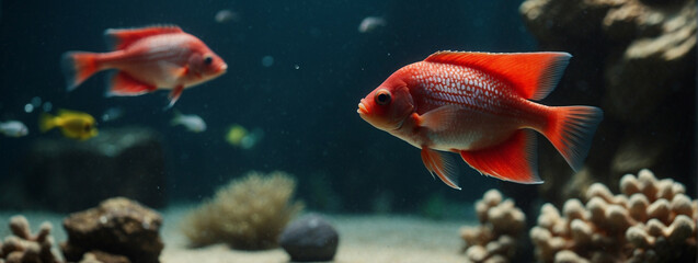 Two red fish swim in an aquarium