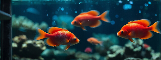 Red goldfish swim in a clear tank