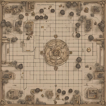 DnD battlemap : the garden, detailed garden map showcasing a beautifully arranged layout with paths, trees, and floral designs, rendered in a vintage style with grid lines for navigation, map