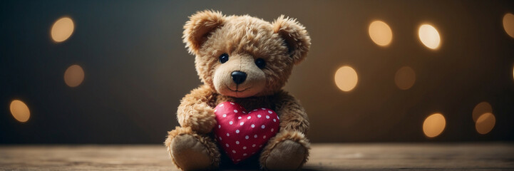 Obraz premium A cute teddy bear holding a pink heart on a table with warm lights in the background