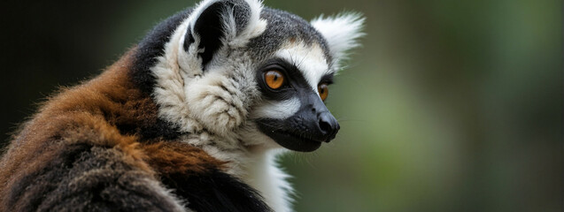 Obraz premium A ring-tailed lemur looks off to the side in a lush green forest