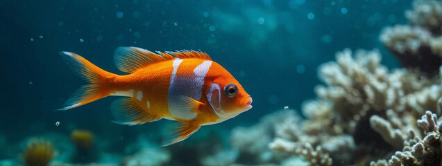 A orange fish swims in clear with blurred bokeh backdrop, panorama, banner with copy space for text
