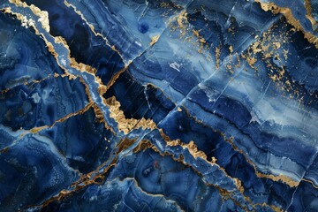 Fototapeta premium Photo of Navy blue agate marble pattern with golden veins. Background texture for backdrops or mapping