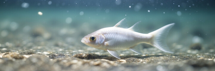 beautiful white fish with blurred bokeh backdrop, panorama, banner with copy space for text