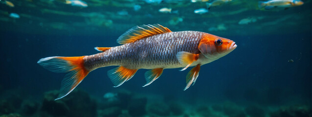 Naklejka premium koifish in clear water, panorama, underwater banner with copy space