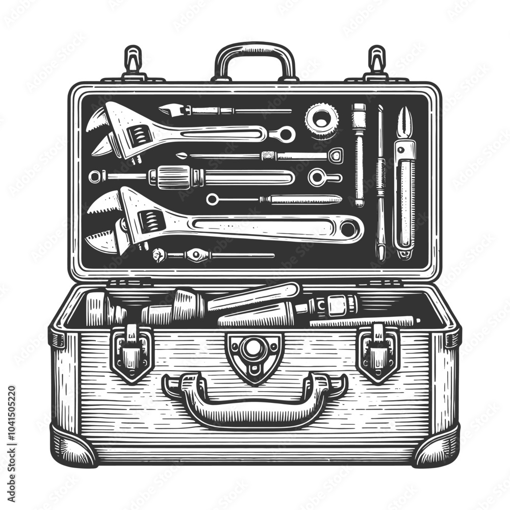 Poster open toolbox, displaying a range of mechanical tools in a striking black and white style sketch engr