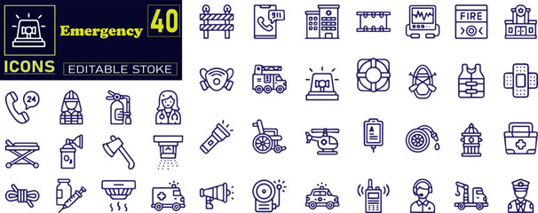 Emergency icon set. Containing ambulance, lifebuoy, first aid, police, medical .