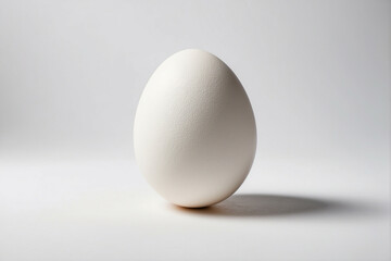 A white egg stands isolated against a clean white background in soft natural light