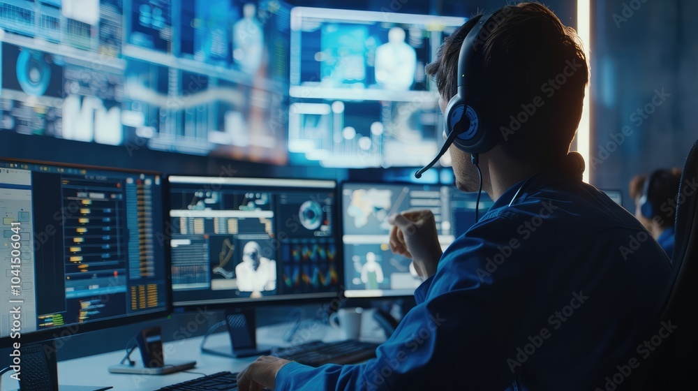 Poster technical customer support specialist is talking on a headset while working on a computer in a call 