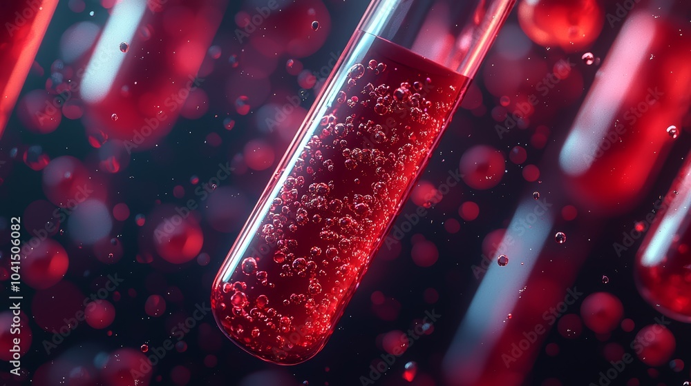 Poster close-up of a test tube with vibrant red liquid, creating a dynamic science-themed visual.