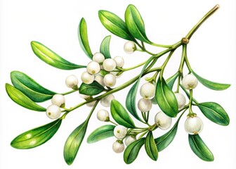 Obraz premium White Mistletoe Branch and Berries in Watercolor for New Year and Christmas Holiday Cards, Decorative Elements for Festive Designs and Seasonal Products