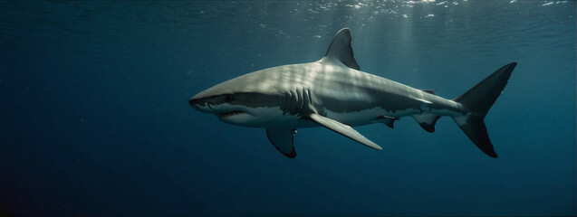 Obraz premium A great white shark gliding through the deep ocean waters