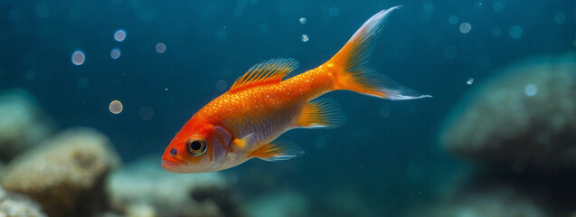 Fototapeta premium A small colorful fish swimming in clear water with blurred bokeh backdrop, panorama, banner with copy space for text