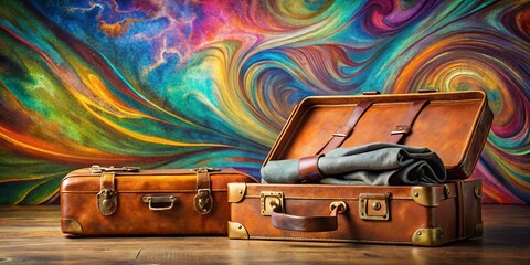 A pair of vintage suitcases placed on a wooden surface with a swirling abstract background, ready for adventure.