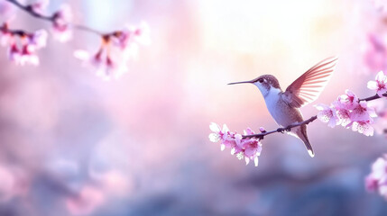 hummingbird gracefully hovers near delicate pink blossoms, showcasing its vibrant feathers against soft, dreamy background. scene evokes sense of tranquility and beauty