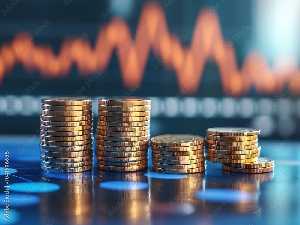 Poster a close-up of stacked coins on a reflective surface, with a blurred financial graph in the backgroun