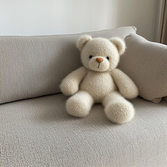 Fototapeta premium Soft, plush mohair bear, crafted through crocheting, is positioned on a gray sofa in a stylish interior setting. Postcard.